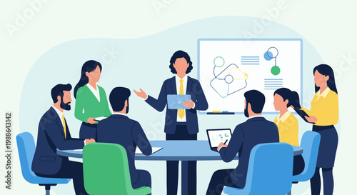 Diverse professionals in a modern office collaborate around a table, with a leader presenting data on a whiteboard