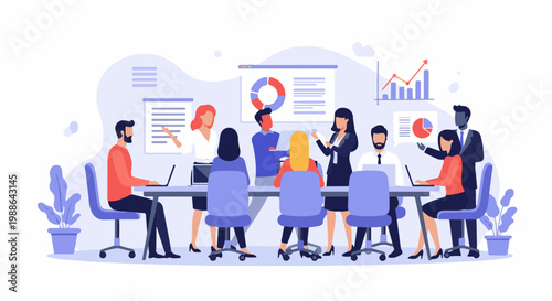 Diverse professionals collaborate around a table, presenting charts and data