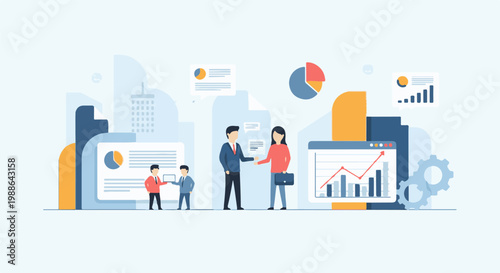 Business professionals engage in analysis, with charts, graphs, and a cityscape