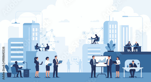 Modern city business district with people in offices and meetings