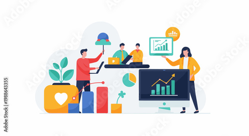 Business team collaborating on data analysis with charts, graphs, and computers