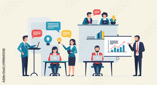 Diverse professionals collaborate, brainstorm, and present data in a modern office setting