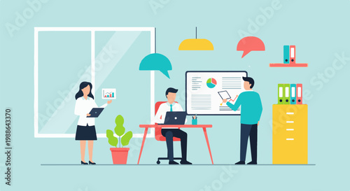 Colleagues collaborating on a business presentation with charts and data