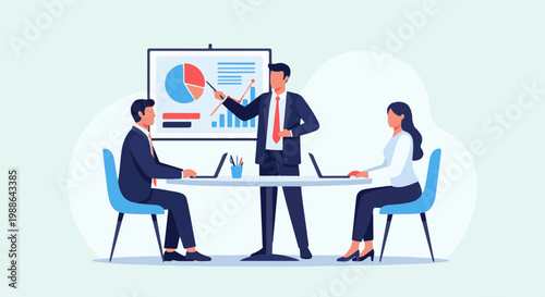 Colleagues in business attire attend a presentation by a leader at a round table with laptops