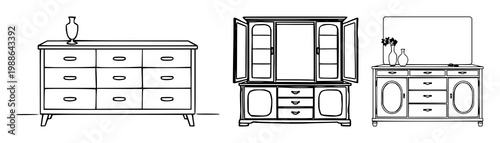 Glass dresser set with black line art on white background featuring glasses, design, minimalist, illustration with aesthetic and chic