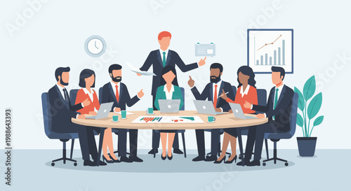 A diverse group of professionals in a modern office meeting, discussing strategy around a circular table