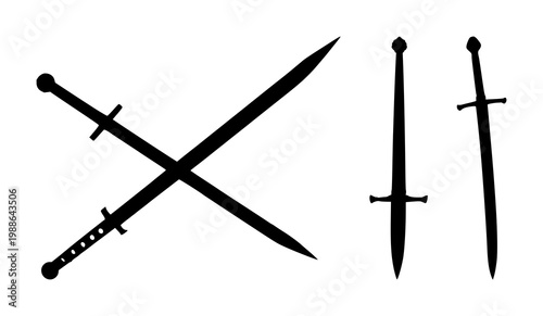 Sword set with black silhouette against white background featuring blade, weapon, medieval combat with black and metal illustration