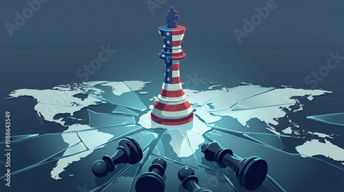 American king chess piece dominating shattered world map, geopolitical strategy, global power and US hegemony concept. 