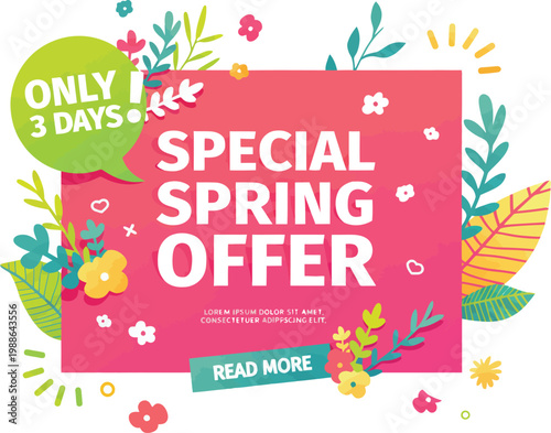 A colorful spring offer advertisement with flowers and leaves