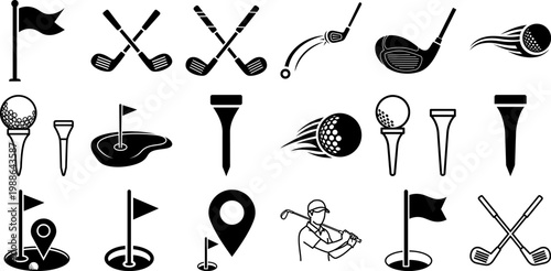 Black and white golf icons and symbols collection including flags and clubs