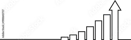 Black and white line of a rising bar chart with an upward pointing arrow, isolated