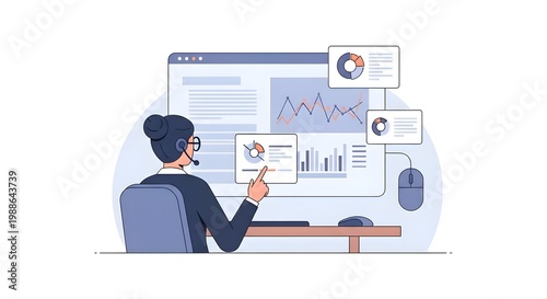 A man in a blue office chair analyzes Labor Day sales data on a computer screen with graphs and charts on a desk in an office.
