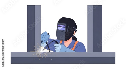 A worker in a welding mask and gloves is welding on Labor Day in an industrial setting with metal beams and sparks flying everywhere.