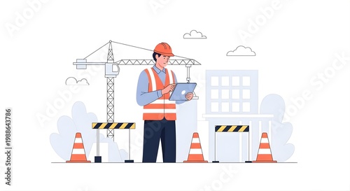 A construction worker in an orange vest stands on a Labor Day construction site with a crane and traffic cones.