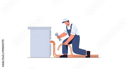 A man in overalls and a cap kneels beside a large box, holding a tool and a long orange hose on Labor Day.