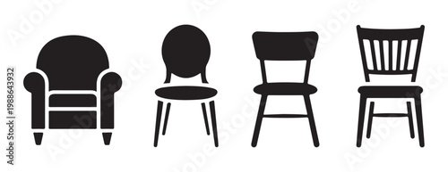 Four distinct black silhouette furniture icons representing different styles of classic and modern chairs and sofa.