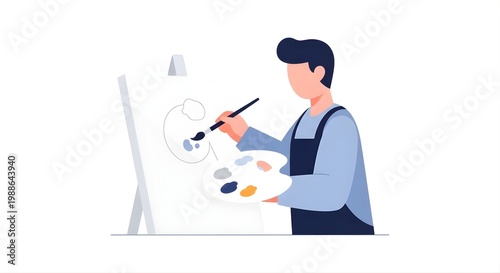 A man celebrates Labor Day by painting a vibrant scene of people enjoying hobbies and sports on a canvas with colorful brushes and paints.