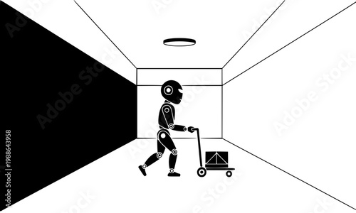  Robot Delivering Package on Trolley in Corridor — AI Courier Silhouette Pushing Cart in Hallway, Representing Automated Delivery, Logistics, and Warehouse Robotics