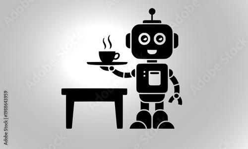 Cute Robot Serving Hot Coffee at a Table — Black Silhouette of AI Waiter Assistant Delivering Drink, Representing Domestic Automation and Futuristic Hospitality