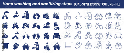 Hand washing and sanitizing steps icon set icon set