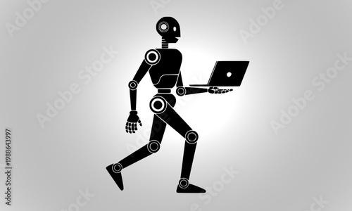  Humanoid Robot Walking with Laptop — Black Silhouette of Futuristic Android Cyborg Carrying Computer, Representing Artificial Intelligence and Automation in Technology