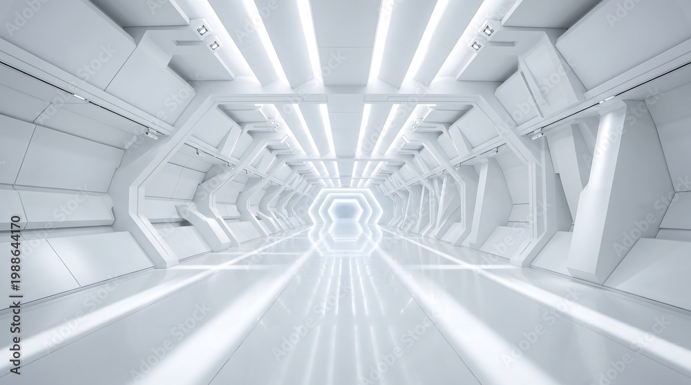 Fototapeta premium A futuristic white corridor with bright lights and a sleek design