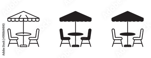 Cafe outdoor seating icons outline and filled chair and table under umbrella set.