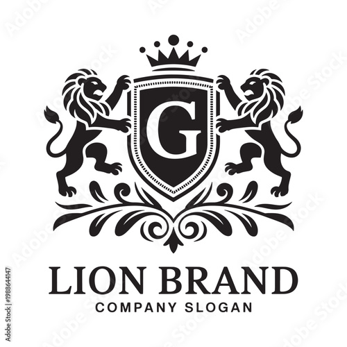 Elegant heraldic logo featuring lions a shield and a central letter g
