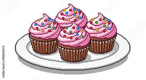 Four Delicious Cupcakes With Pink Frosting And Sprinkles.