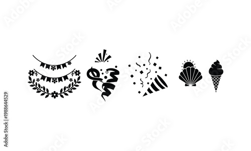 Summer holiday celebration icons vector illustration with confetti ice cream and seashell.