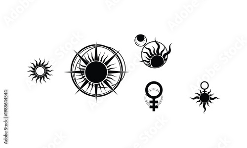 Sun silhouette vector illustration set, compass, planet, female symbol line art graphic.