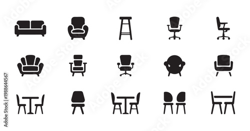 Assorted furniture icons sofa armchair stool office chair and table set.