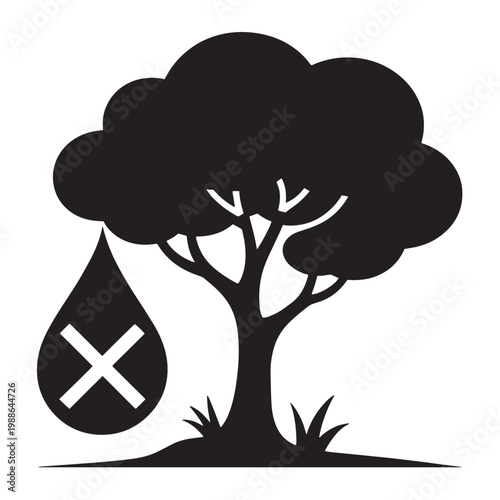 Black silhouette of a tree with a water drop and a cross symbol, representing drought or water scarcity.