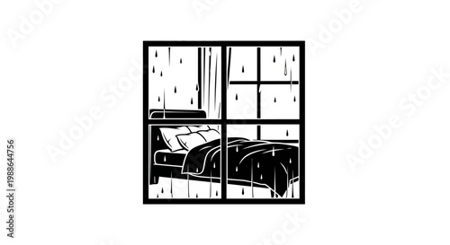 a black and white drawing of a car in a window.