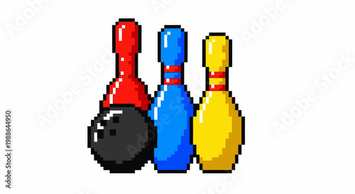 Pixel Art Bowling Pins and Ball Illustration.