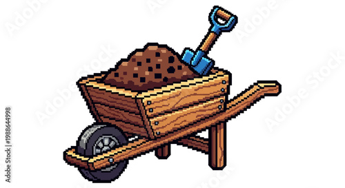 Wooden Wheelbarrow Filled With Soil and Shovel.