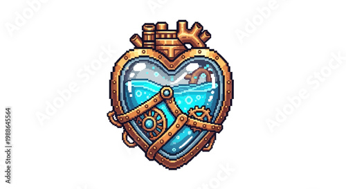 Steampunk Heart Shaped Potion Bottle With Gears and Liquid.