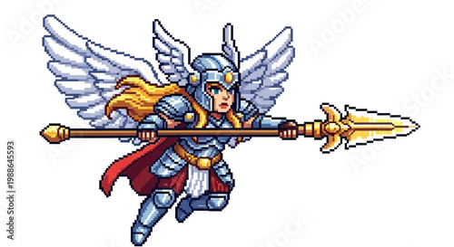 Pixel Art Warrior Angel with Spear and Wings.