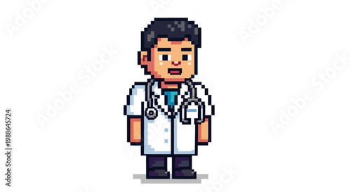 Pixel Art Doctor Character Wearing White Coat and Stethoscope.
