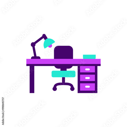 Modern purple office desk setup with chair lamp and storage in minimalist workspace office