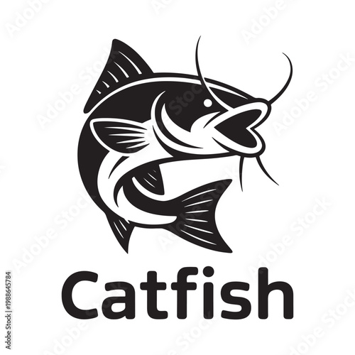 Stylized black and white illustration of a catfish with text label