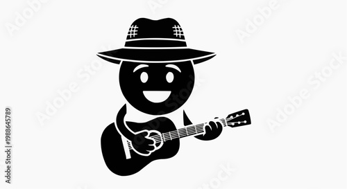 Cartoon Emoji Character Wearing a Hat and Playing Acoustic Guitar