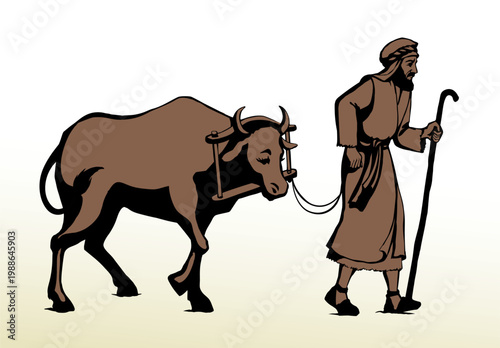 Vector drawing. Old wooden yoke on the cow