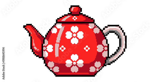 Pixel Art Red Teapot with White Flower Pattern.