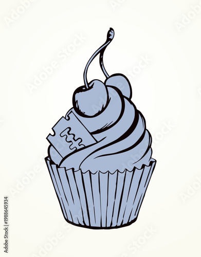 Vector drawing. Cake with cherries and razor blade