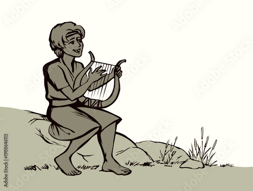 Vector drawing. Guy playing the harp