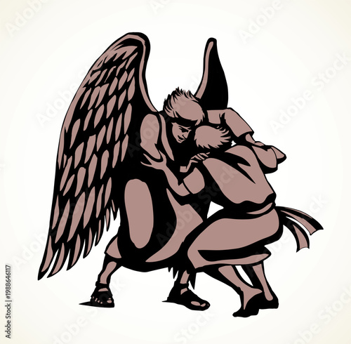 Vector drawing. Man fight with Angel