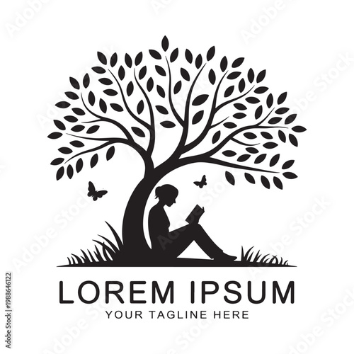 Silhouette of a woman reading under a tree with butterflies