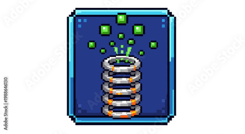 Pixel Art Data Server Icon with Green Cubes.