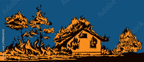 Vector drawing. Burning house and trees